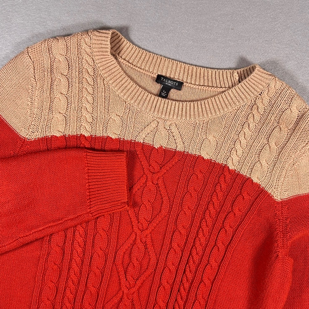 Talbots Petites Red Tan Colorblock Cable Knit Cotton Sweater Crew Neck LP